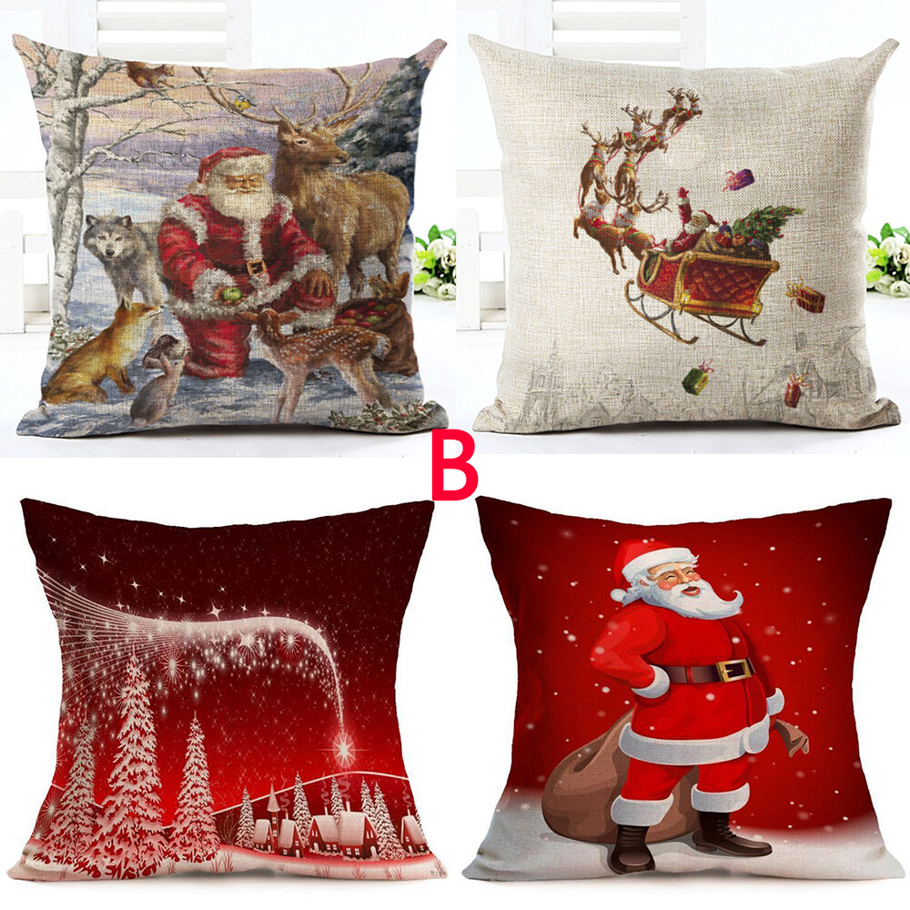 4PCS 18" Christmas Pillow Case Santa Elk Sofa Tree Throw Cushion Cover