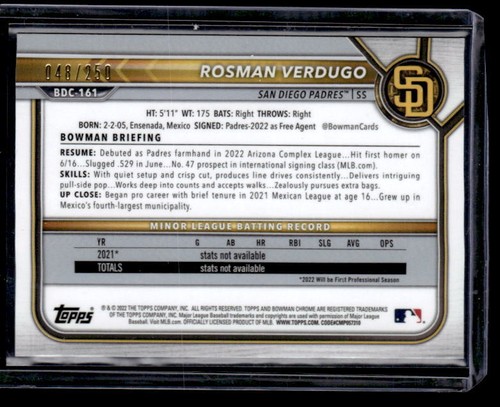 2022 Bowman Chrome #BDC-161 Rosman Verdugo /250 Near Mint - Picture 2 of 2