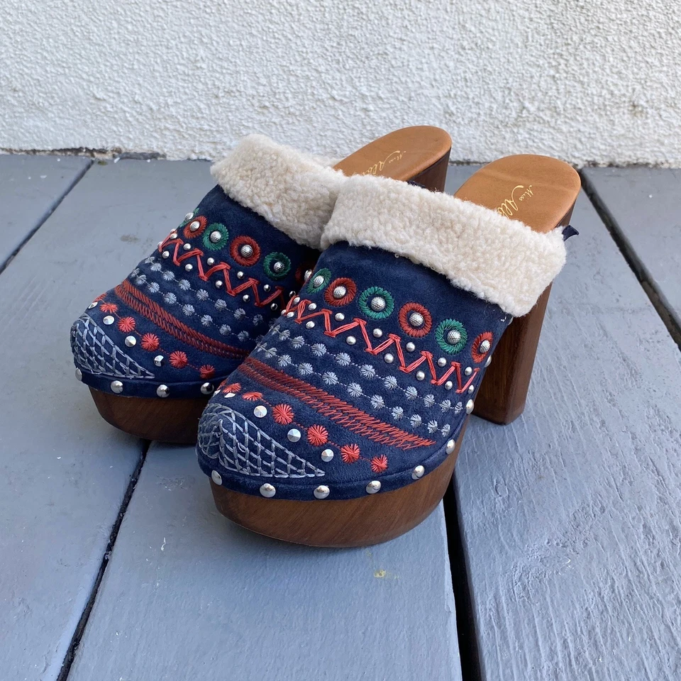 Anthropologie 35 5 Embroidered Shearling Fur Miss Albright Terrestrial Clog Heel - Image 4 of 4