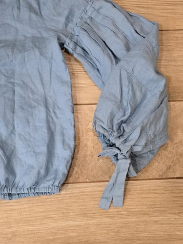 Free People High Swells Linen Peasant Balloon Sleeves Top Large Frosty Skies NWT - Picture 4 of 7