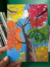 Colorful tree original 5"x7" Framed oil painting on canvas wall art home decor