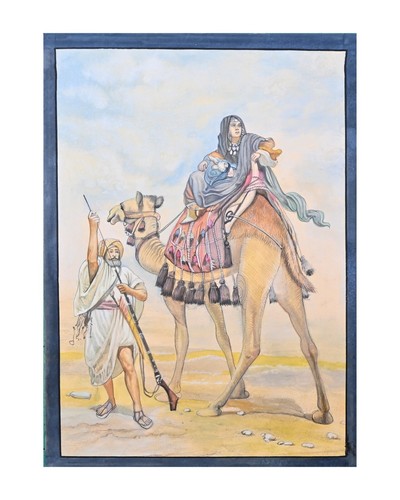 Arab Sheikh Riding Camel with Tour Guide Handmade Painting  12 x 9 in "PN13163" - Picture 1 of 5