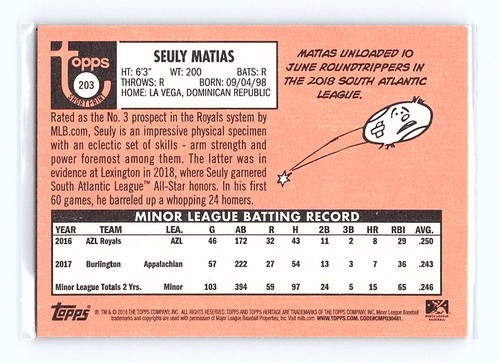 2018 Topps Heritage Minors Short Print SP #203 Seuly Matias Lexington Legends - Picture 2 of 2
