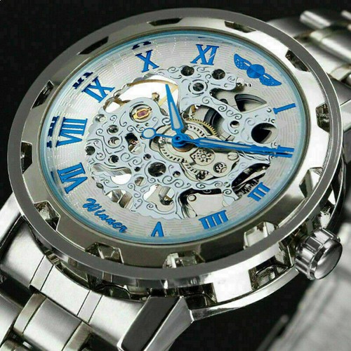 Mens Mechanical Watches Steel Skeleton Hand Wind Up Auto Automatic Wrist Watch - Picture 14 of 22