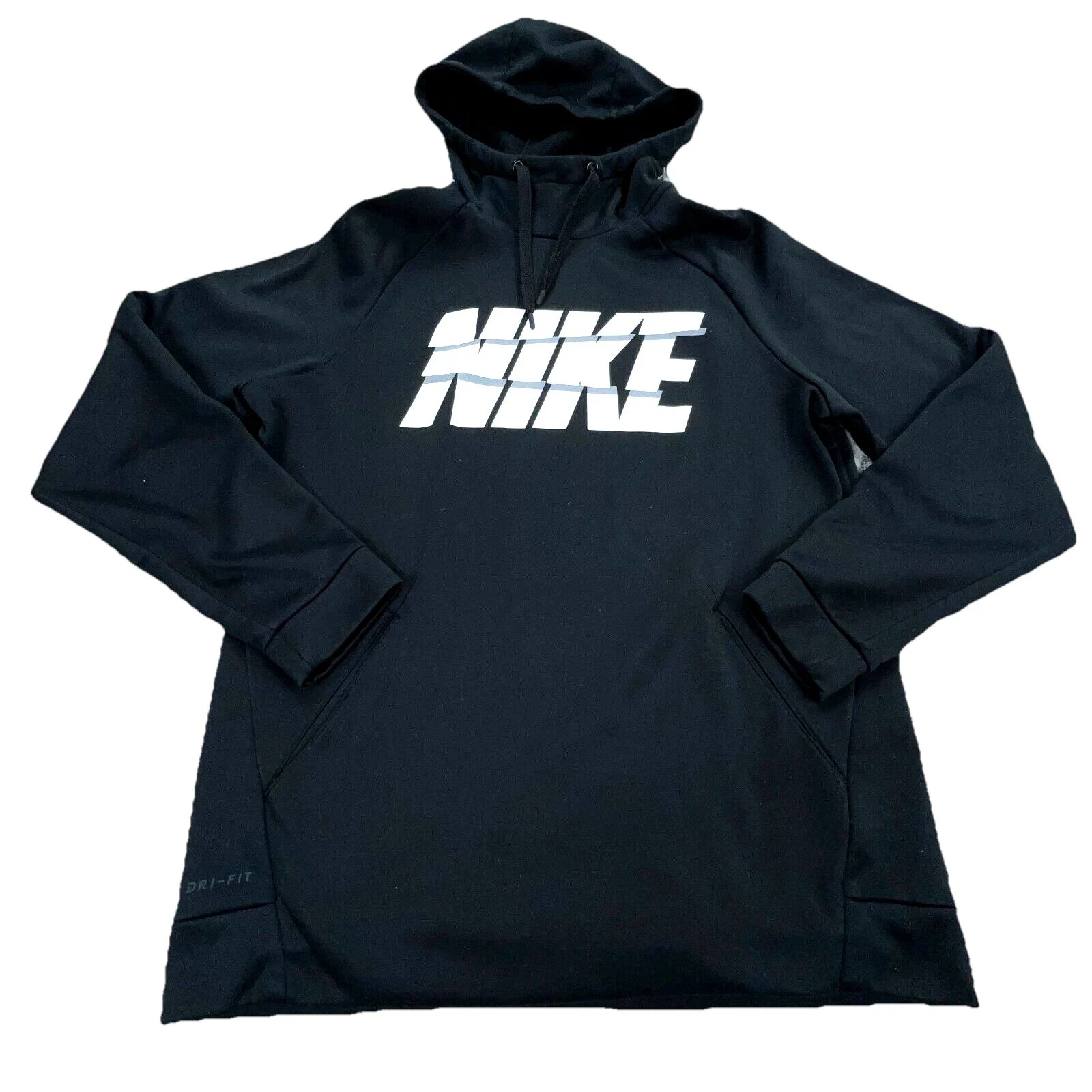Nike Hoodie Men Medium Black White Dri FIt Sweatshirt Sweater Big Spell Out Logo