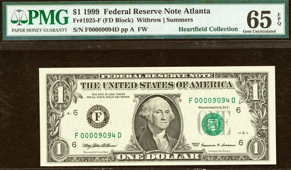 1999 $1 FRN PMG 66EPQ - Matching District & Digits Low Serial Number 00009094 - Image 4 of 4