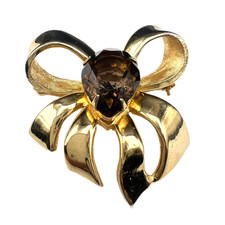 Vintage Brooks Brown Faceted Gemstone Bow Brooch Gold Tone Ribbon Pin