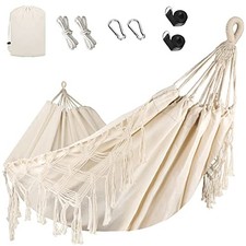 Double Hammock, Heavy Duty 500 lb Load Capacity Tassels and Fishtail Beige