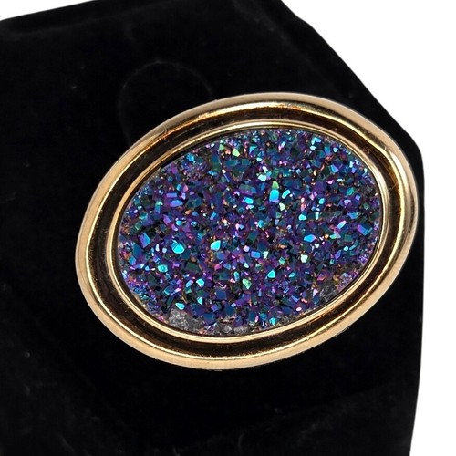 Anello Druzy Argento Sterling OT Turchia Tono Oro Viola Blu Dichiarazione Taglia 8 - Foto 1 di 7