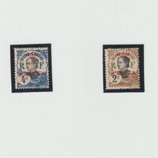 France, Indochina, 2 stamps inlaid in protective fold, 2c and 4c, unstamped