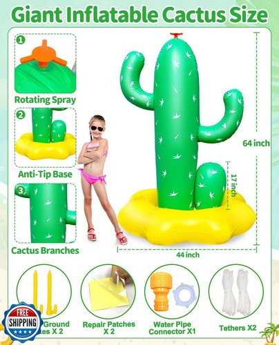 Water Sprinkler for Kids, 64" Large Inflatable Cactus Sprinkler Toy with Wide - Picture 2 of 5