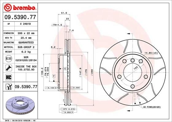 Disque de frein BREMBO 09.5390.77 pour berlines BMW, pack de 2 pièces d'essieu