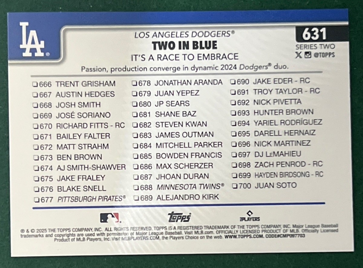 2025 Topps Series 2 Two In Blue #631 Betts/Freeman True Photo