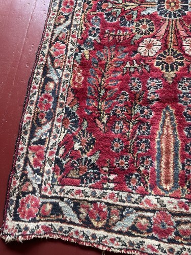 29.5"x 36 SEMI ANTIQUE SAROUK ?Hand Knotted Wool Rug RASPBERRY BLUE OLIVE BLACK - Picture 8 of 20