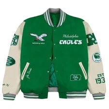 Philadelphia Eagles GOLF WANG Kelly Green Letterman Wool Jacket with leather arm