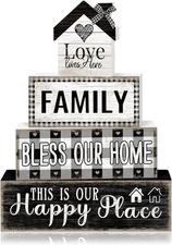 4 Pcs Farmhouse Family Wooden Tiered Tray Decor Set, Rustic Bless Our Home Wood