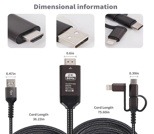 New 3 in 1 Black Cable Micro USB + USB-C / Type-C + 8 Pin to HDMI HDTV - Picture 7 of 9