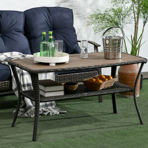 Outsunny Rattan Outdoor Coffee Table w/ 2-Layer Storage Shelf, Mixed Brown - Picture 5 of 7