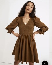 Madewell Flannel Lucie V-Neck Smocked Mini Dress Size Medium Olive Green Ruffled
