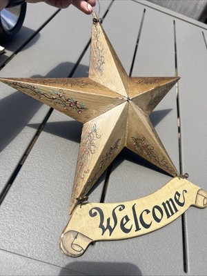 Vintage Handpainted Welcome Decor Star Metal Painted Vine Fruit 13  Primitive