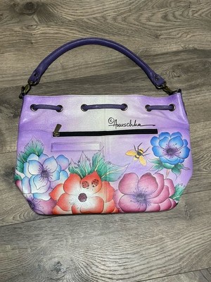 ANUSCHKA Leather Hand Painted Handbag Purse Floral Print Lady Bug Bee