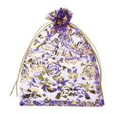 100 Pcs Organza Bag 4"x6" Sheer Flower Heart Mesh Bags Drawstring Purple-Gold