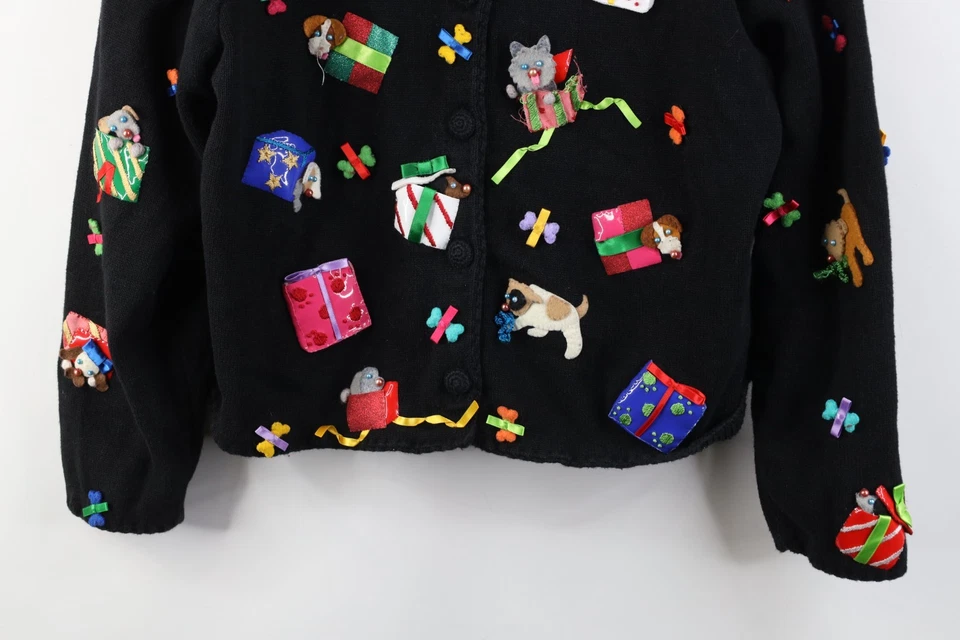 Vtg Y2K 2000 Michael Simon Womens L Christmas Dog Present Knit Cardigan Sweater - Image 3 of 4