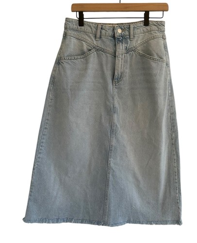 We The Free Midi Denim Jean Skirt Sz 4 Free People Light Wash Frayed 5 Pocket - Picture 1 of 8