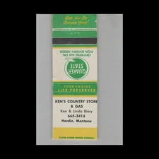 Matchbook Cover Quaker State Motor Oil Ken's Country Store & Gas Hardin MT
