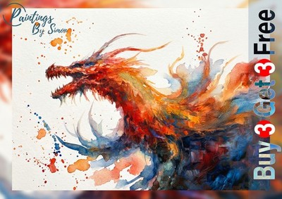 Roter Drache 5x7 Druck auf mattem Papier | Aquarell Fantasy Feuer Kunst Wandbild