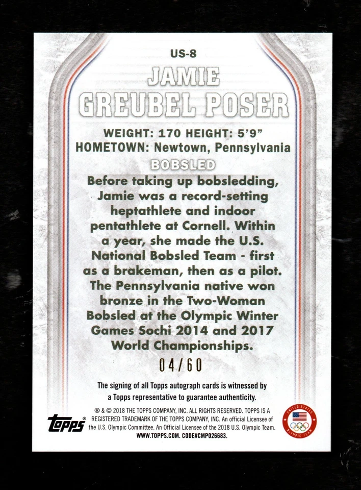 2018 Topps Equipo Olímpico de Estados Unidos Jamie Greubel Poser Bobsled #8 Autógrafo 04/60 Foto 2 de 2