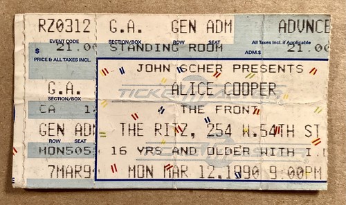 ALICE COPPER THE FRONT  RARE VINTAGE 1990 TICKET STUB 3/12/1990 THE RITZ NYC  - Picture 1 of 2