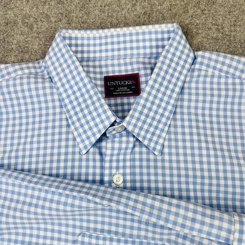 Untuckit Men's Size Large Blue White Check Gingham Long Sleeve Button Up Shirt - Picture 7 of 17