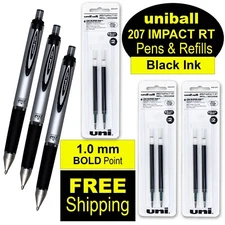 Uni-Ball Signo Impact 207 RT 65870 With Refills 65873, Black Gel Ink, 1.0mm Bold