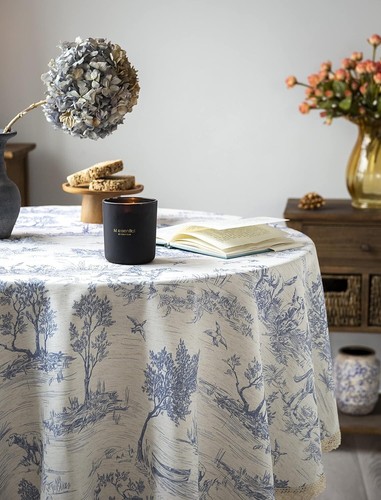 Classic French Floral Tablecloth - 60" Round Linen Blend for Farmhouse Style - Picture 10 of 11