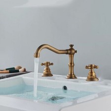 Antique Brass Deck Mounted Widespread Bathroom 3 Holes Faucet Water Taps fan074