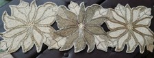 Holiday Gold Ivory Poinsettia Beaded Centerpce Table Runner