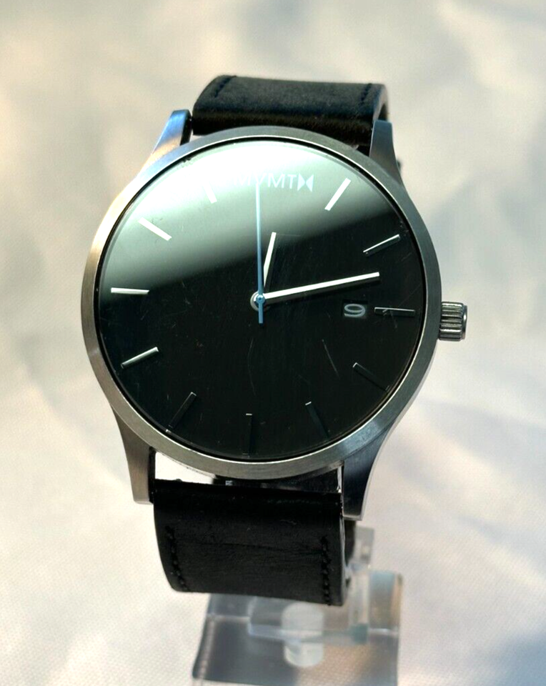 Men’s MVMT Black M37 45mm Stainless Steel Watch Date Leather Band New