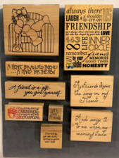 9 Rubber Stamps Wood Mounted Frienship Themed Words Says Greetings