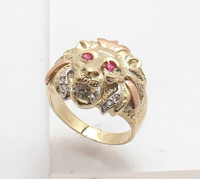 Size Men's Lion Head Ring Ruby Eyes Real Solid 10K Yellow White