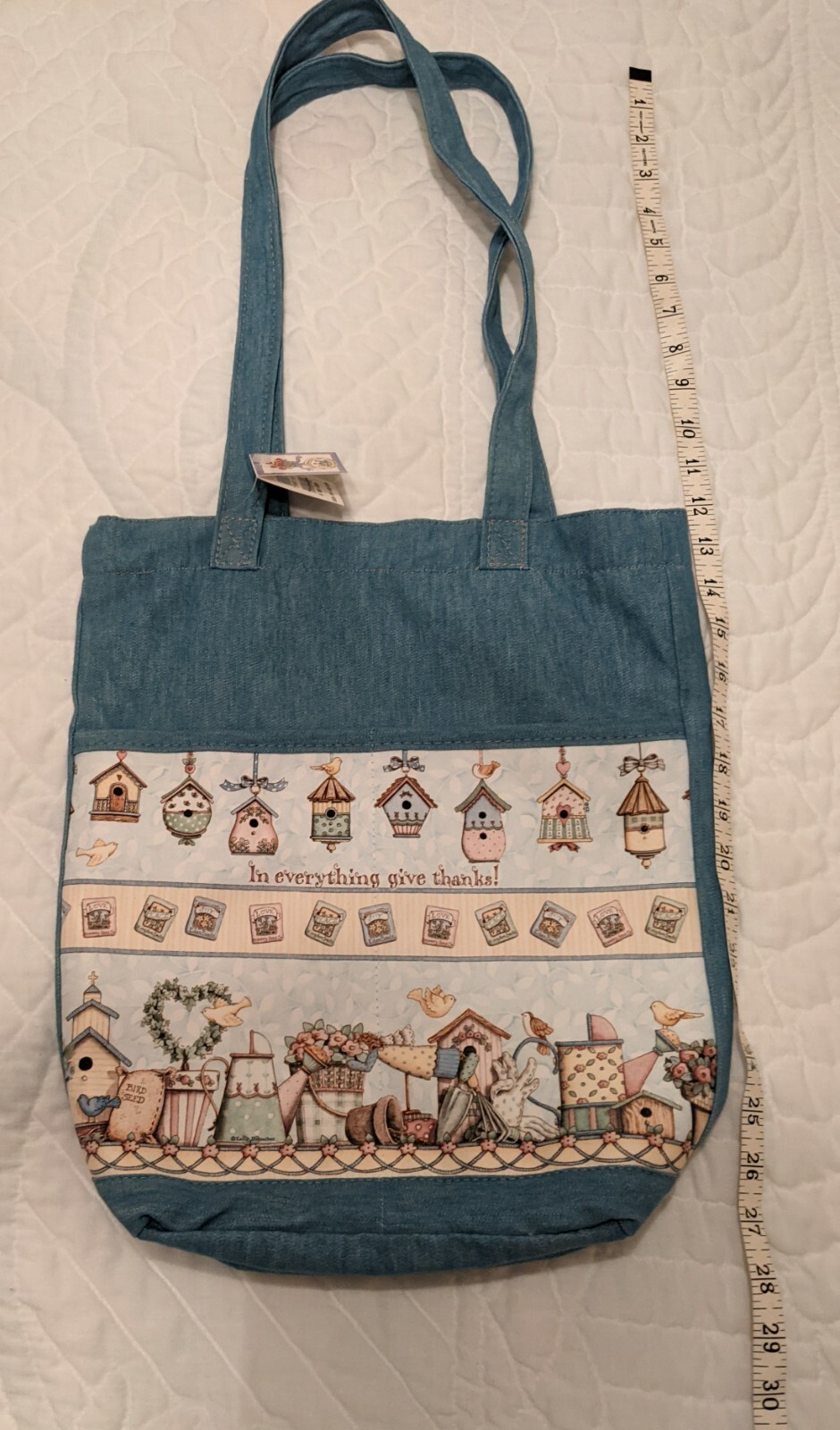 In Everything Give Thanks Tote Bag with Garden Birdhouse Design and 2 Pockets-image