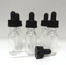 15ml half oz clear boston round glass bottles 540/case BLACK W CRC DROPPER CAPS