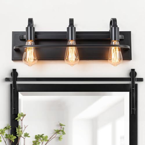 Industrial Vanity Light Fixture, 3Light Matte Black Farmhouse Bathroom