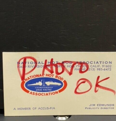VRHTF VINTAGE VERY RARE BUSINESS CARD OF JIM EDMUNDS LONG TIME NHRA  PHOTOGRAPHER