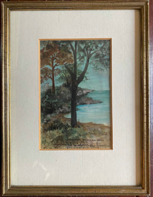 Aquarellgemälde Baumlandschaft With Küstenansicht IN Autumn And Orig. Dedication
