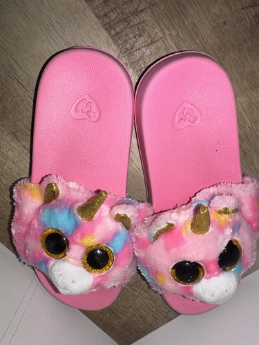 TY Beanie Boo Pink Slides Unicorn Size 4-6 youth Plush Sandals Slippers