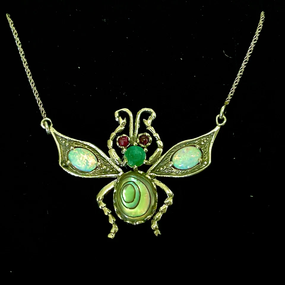 Quality Sterling silver Ruby Emerald Fire Opal Dragonfly Bug Fly Insect Necklace - Image 2 of 4