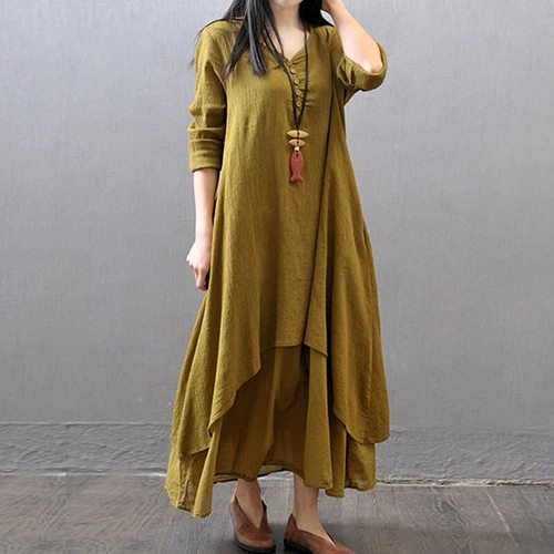 Womens Boho Cotton Linen Dress Long Sleeve Dress Sundress Maxi Dress Casual New - Picture 11 of 23