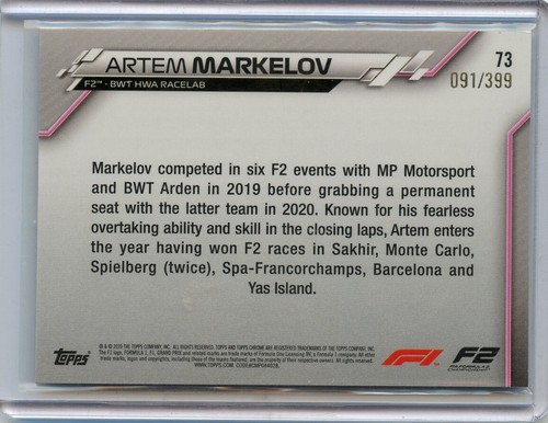 2020 Topps Chrome Formula 1 Purple Refractors #73 Artem Markelov/F2 Cars 91/399 - Picture 2 of 2