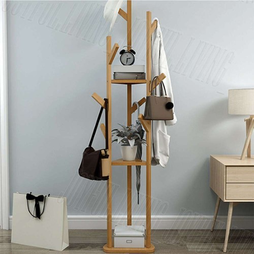Sturdy Natural Bamboo Tree Garment Clothes Coat Hat Hanger Stand Rack w/ Shelves - Picture 8 of 12
